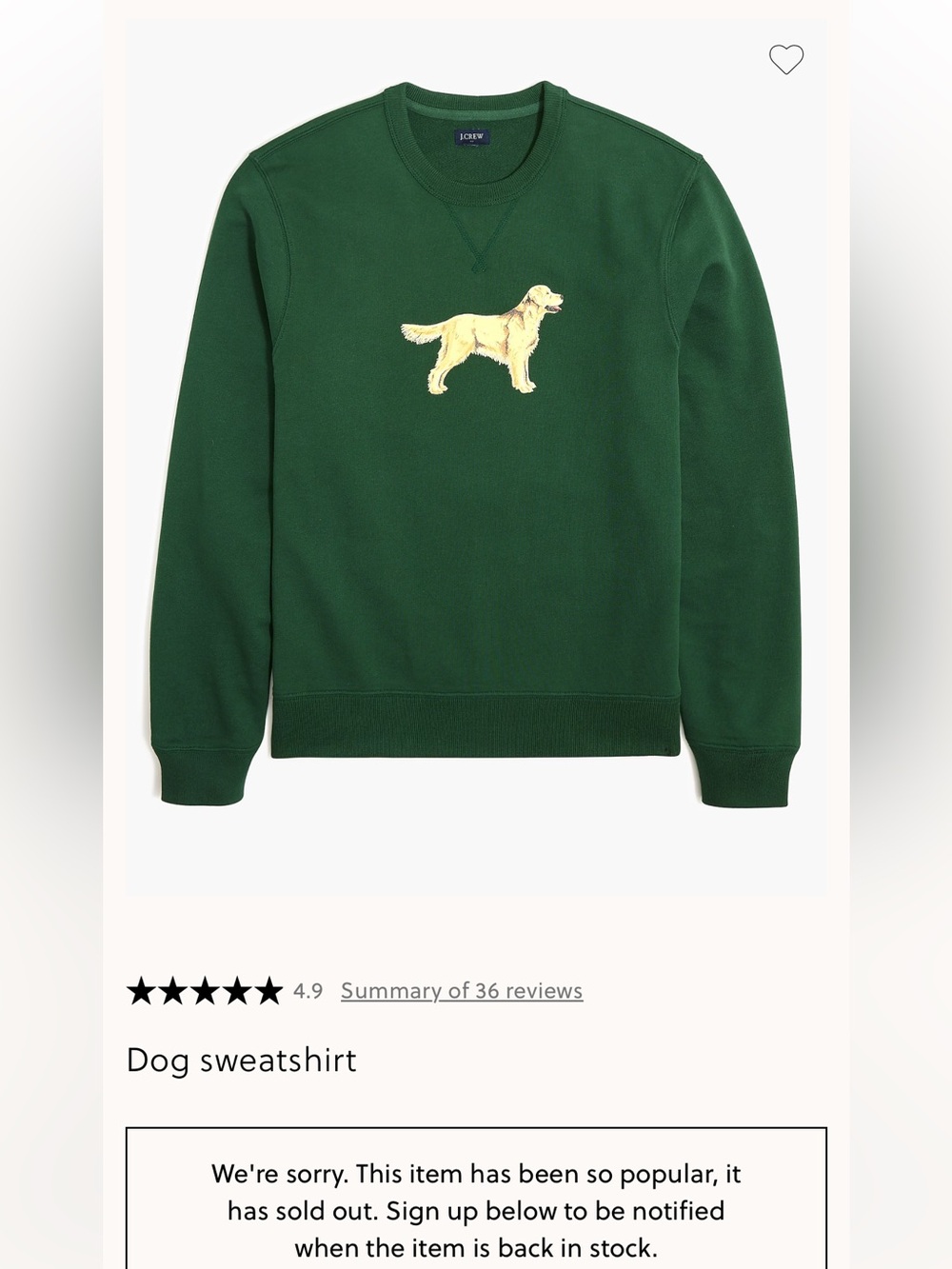 J.Crew Golden Retriever Dog Sweatshirt Green 100% Cotton